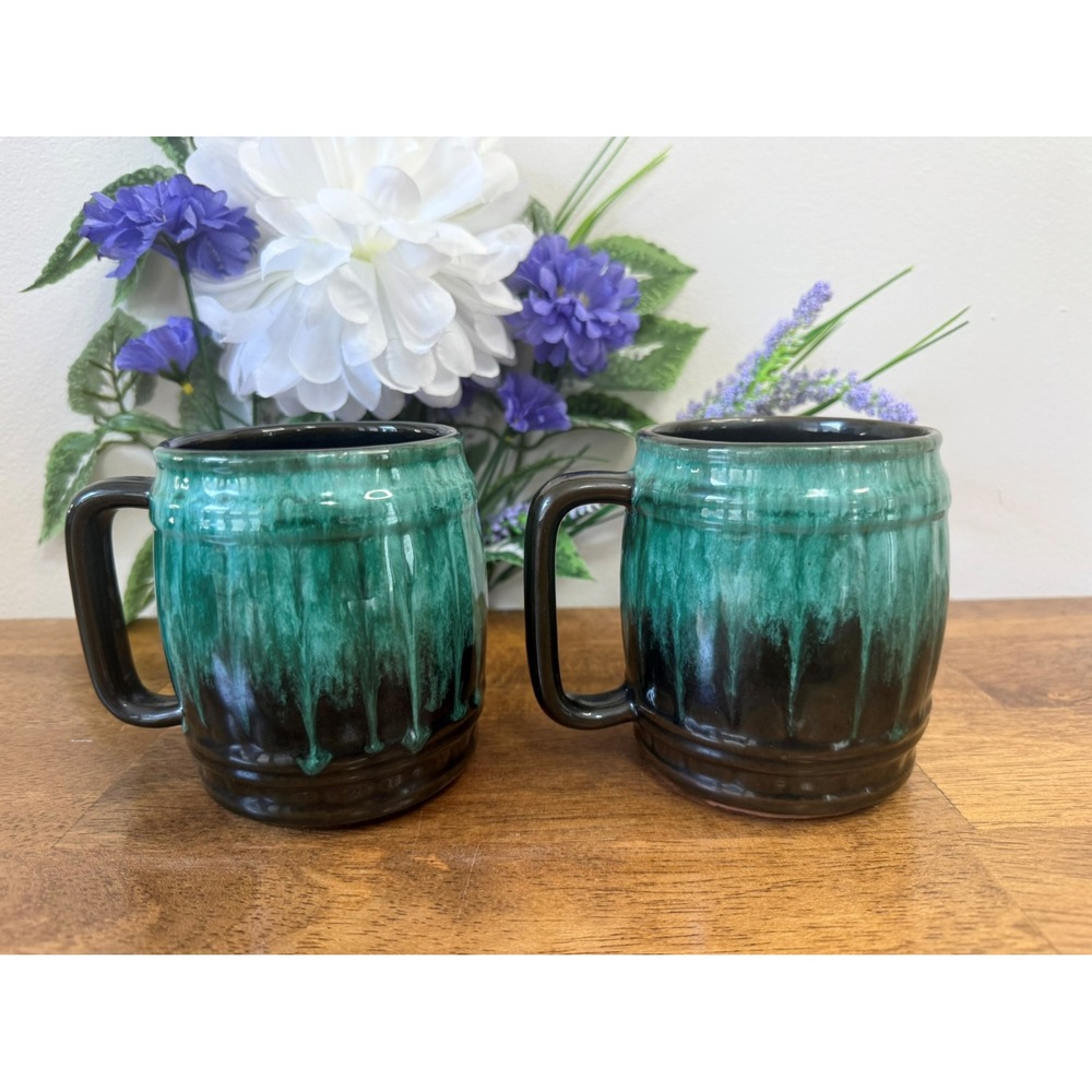 Vintage Canadian Pottery Barrel Mugs Green Black Drip Glaze Set of Two Retro